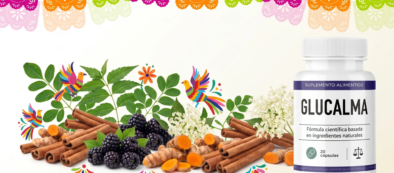 Frasco de Glucalma de 20 cápsulas con los seis extractos vegetales de su fórmula