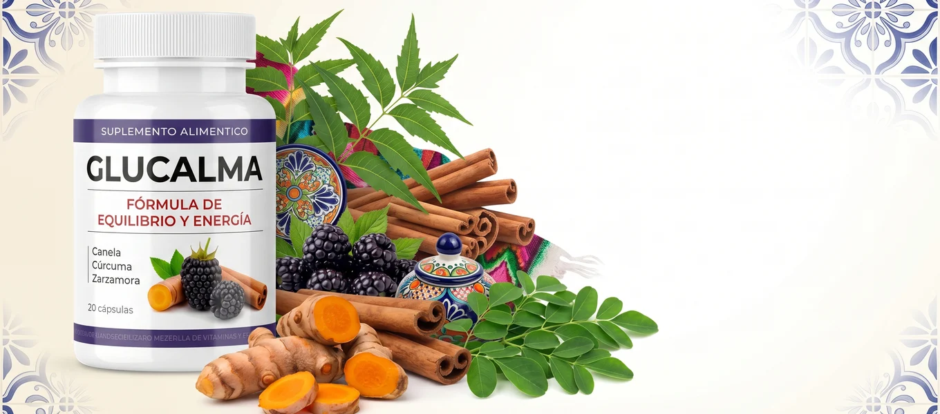 Frasco de Glucalma junto a canela en rama, zarzamora, cúrcuma y hojas de neem y moringa