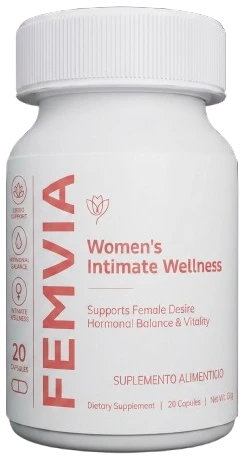 Frasco de Femvia con 20 cápsulas, suplemento alimenticio femenino